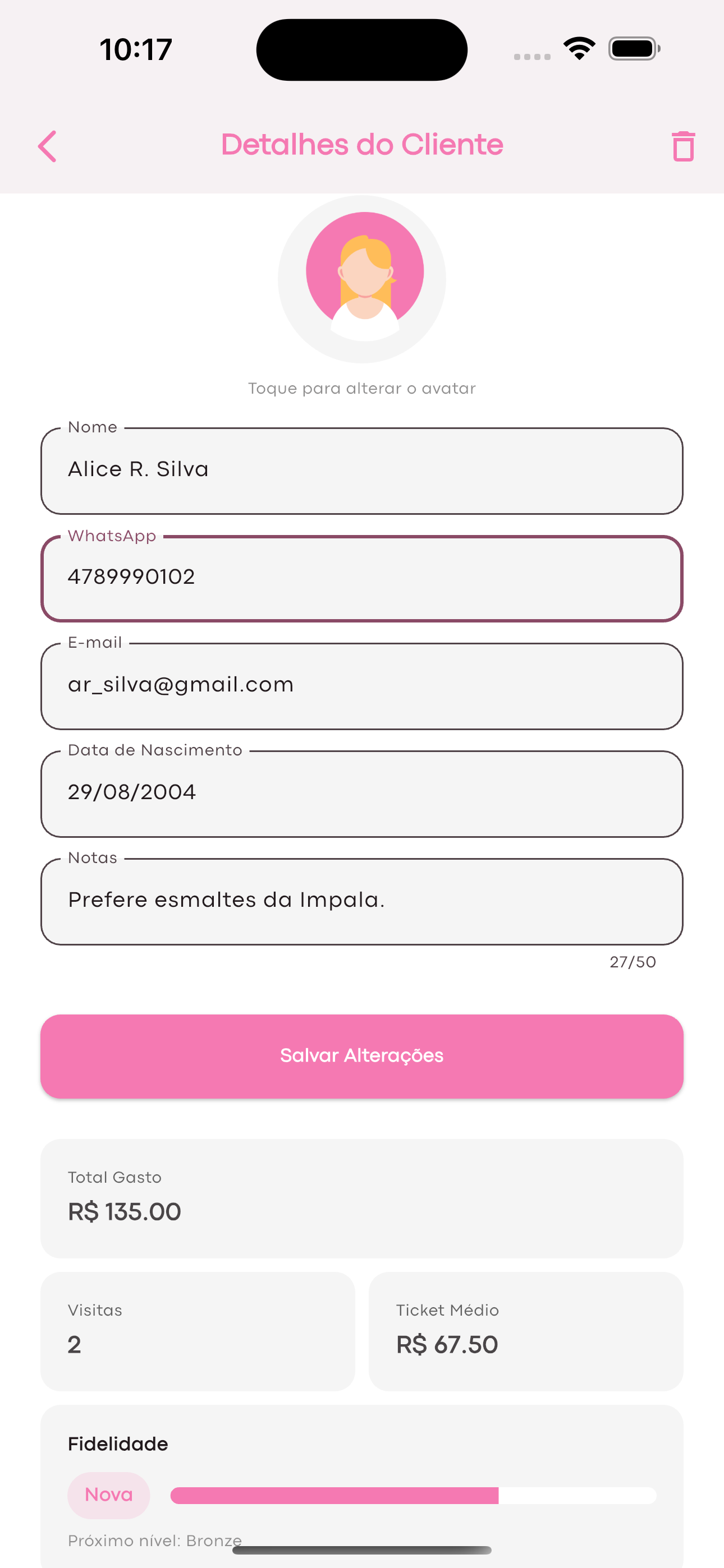 Detalhes do cliente no Planimani